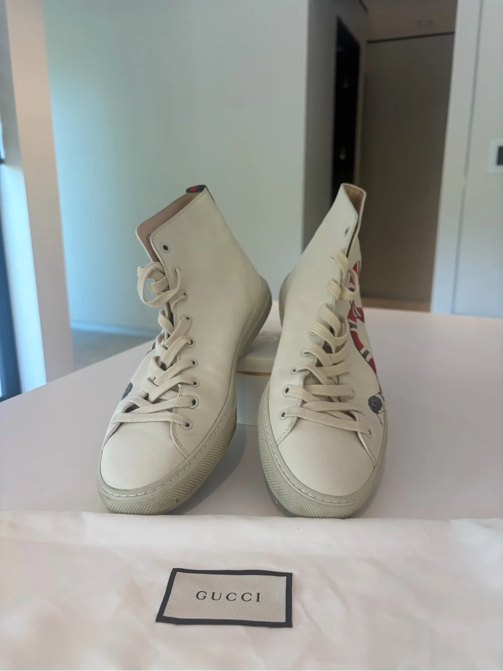 Gucci Cream Leather High-Top Sneakers with Red & Black Snake